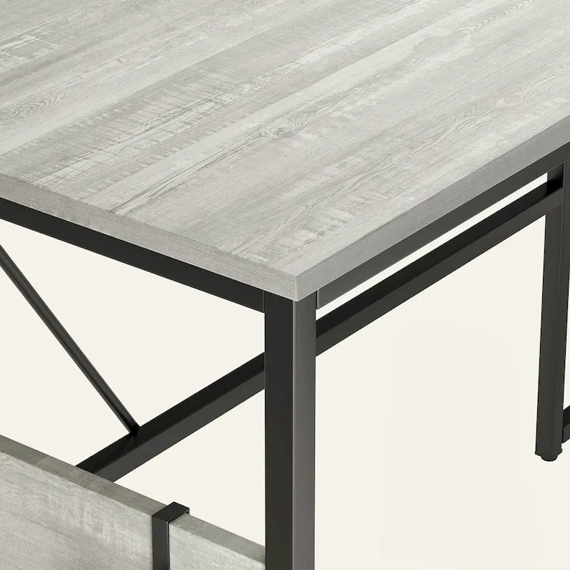 Bureau en L avec armoire de rangement et tour de processeur, finition gris cendre/blanc cendre/noir doré/marron rustique, assemblage par 1 personne