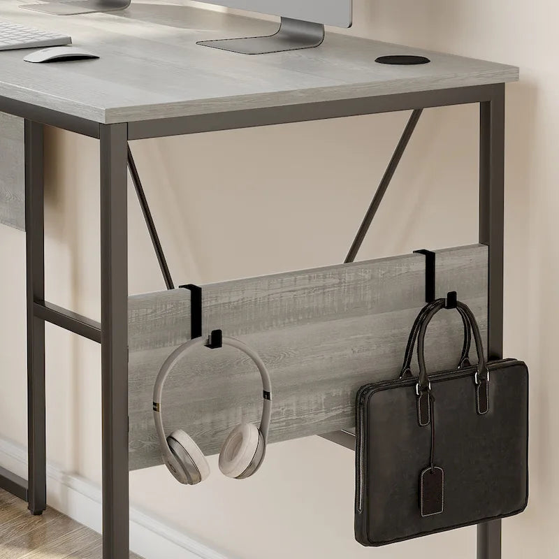 Bureau en L avec armoire de rangement et tour de processeur, finition gris cendre/blanc cendre/noir doré/marron rustique, assemblage par 1 personne