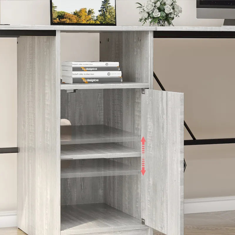 Bureau en L avec armoire de rangement et tour de processeur, finition gris cendre/blanc cendre/noir doré/marron rustique, assemblage par 1 personne