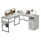 Bureau en L avec armoire de rangement et tour de processeur, finition gris cendre/blanc cendre/noir doré/marron rustique, assemblage par 1 personne