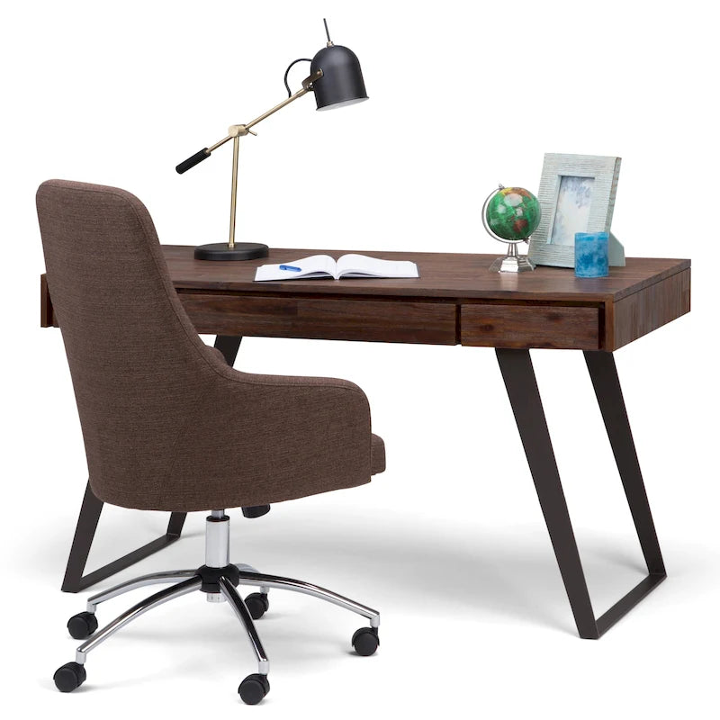 Bureau industriel en bois massif, noyer vieilli, avec 2 tiroirs et plateau coulissant pour clavier, assemblage par 1 personne