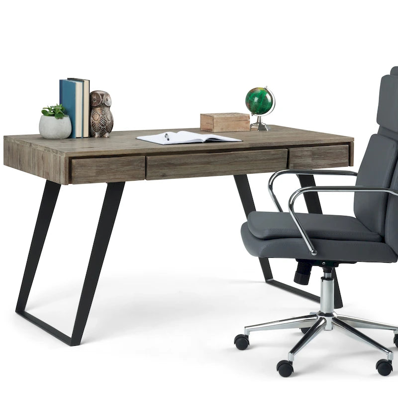 Bureau industriel en bois massif, noyer vieilli, avec 2 tiroirs et plateau coulissant pour clavier, assemblage par 1 personne