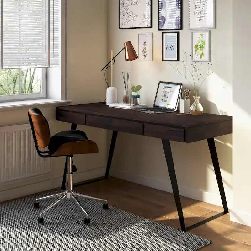 Bureau industriel en bois massif, noyer vieilli, avec 2 tiroirs et plateau coulissant pour clavier, assemblage par 1 personne