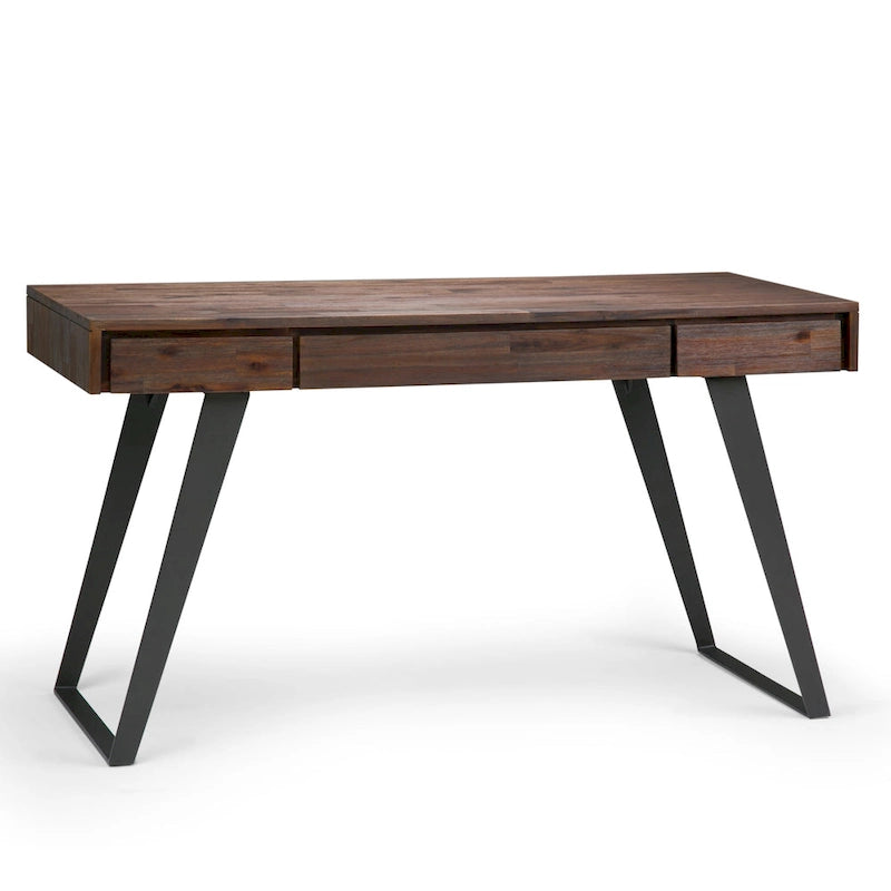 Bureau industriel en bois massif, noyer vieilli, avec 2 tiroirs et plateau coulissant pour clavier, assemblage par 1 personne
