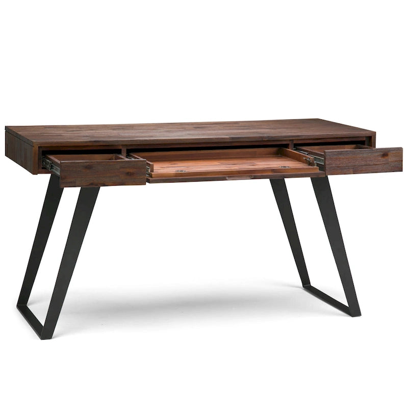 Bureau industriel en bois massif, noyer vieilli, avec 2 tiroirs et plateau coulissant pour clavier, assemblage par 1 personne