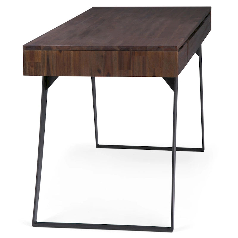 Bureau industriel en bois massif, noyer vieilli, avec 2 tiroirs et plateau coulissant pour clavier, assemblage par 1 personne