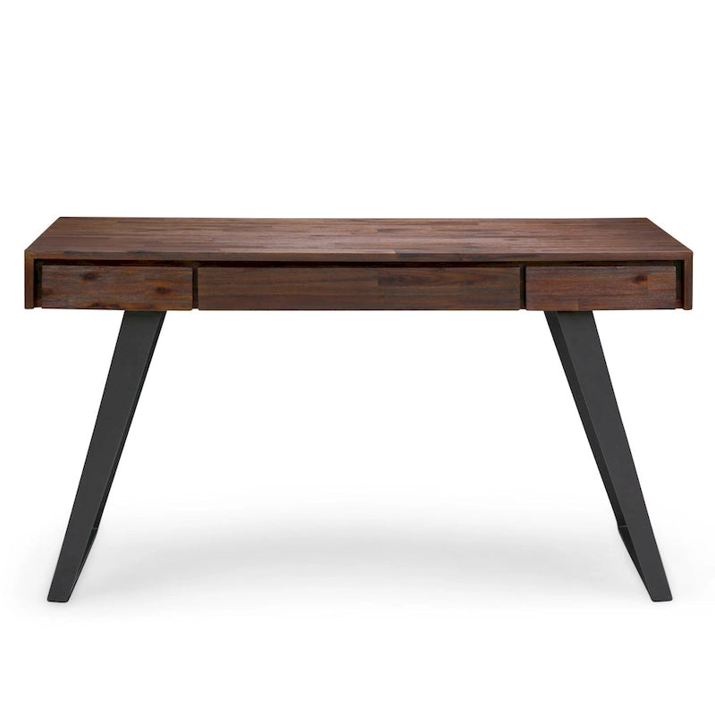Bureau industriel en bois massif, noyer vieilli, avec 2 tiroirs et plateau coulissant pour clavier, assemblage par 1 personne