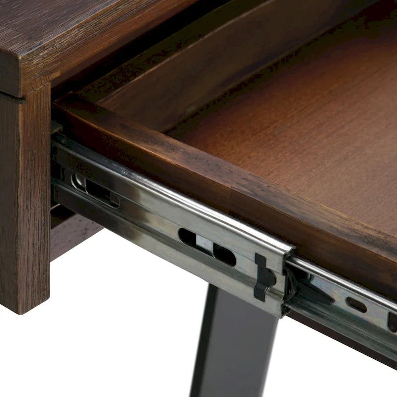 Bureau industriel en bois massif, noyer vieilli, avec 2 tiroirs et plateau coulissant pour clavier, assemblage par 1 personne