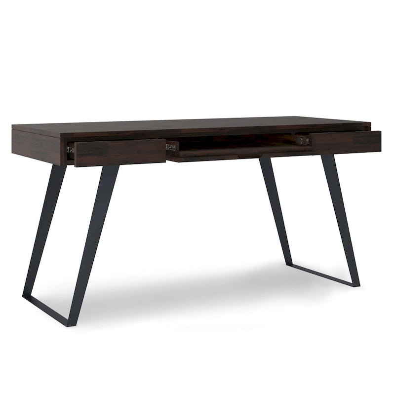 Bureau industriel en bois massif, noyer vieilli, avec 2 tiroirs et plateau coulissant pour clavier, assemblage par 1 personne