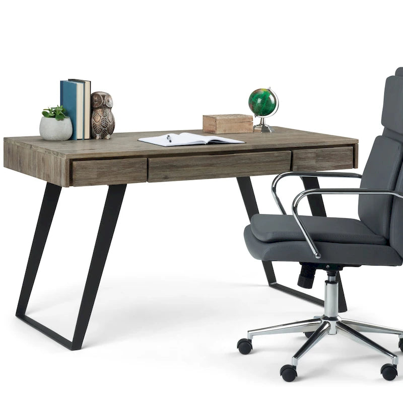 Bureau industriel en bois massif, noyer vieilli, avec 2 tiroirs et plateau coulissant pour clavier, assemblage par 1 personne
