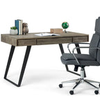 Bureau industriel en bois massif, noyer vieilli, avec 2 tiroirs et plateau coulissant pour clavier, assemblage par 1 personne