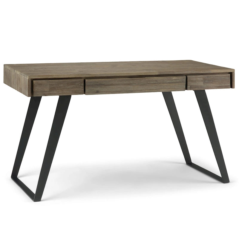 Bureau industriel en bois massif, noyer vieilli, avec 2 tiroirs et plateau coulissant pour clavier, assemblage par 1 personne
