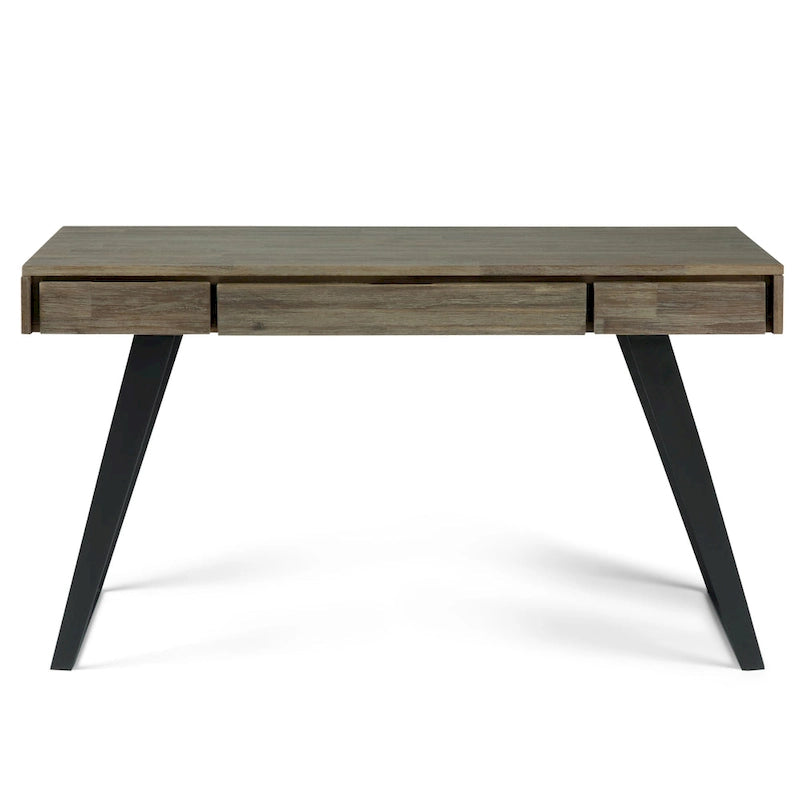 Bureau industriel en bois massif, noyer vieilli, avec 2 tiroirs et plateau coulissant pour clavier, assemblage par 1 personne