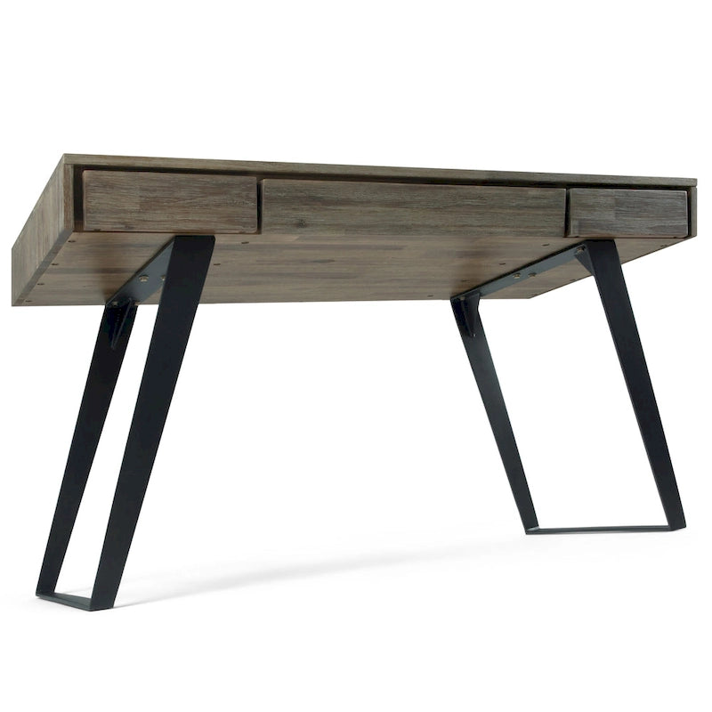 Bureau industriel en bois massif, noyer vieilli, avec 2 tiroirs et plateau coulissant pour clavier, assemblage par 1 personne