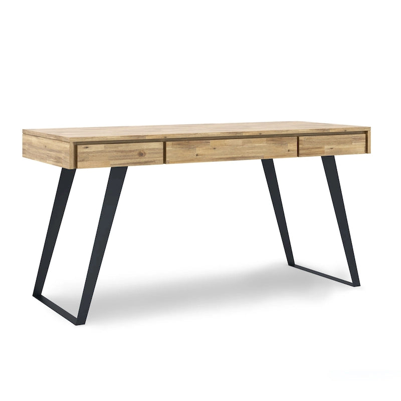 Bureau industriel en bois massif, noyer vieilli, avec 2 tiroirs et plateau coulissant pour clavier, assemblage par 1 personne