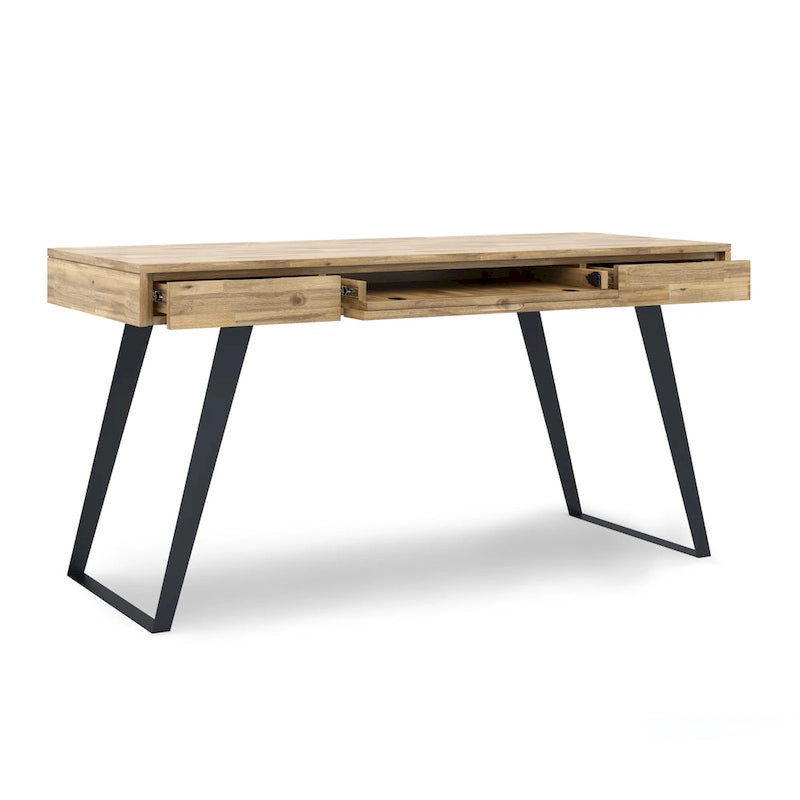 Bureau industriel en bois massif, noyer vieilli, avec 2 tiroirs et plateau coulissant pour clavier, assemblage par 1 personne