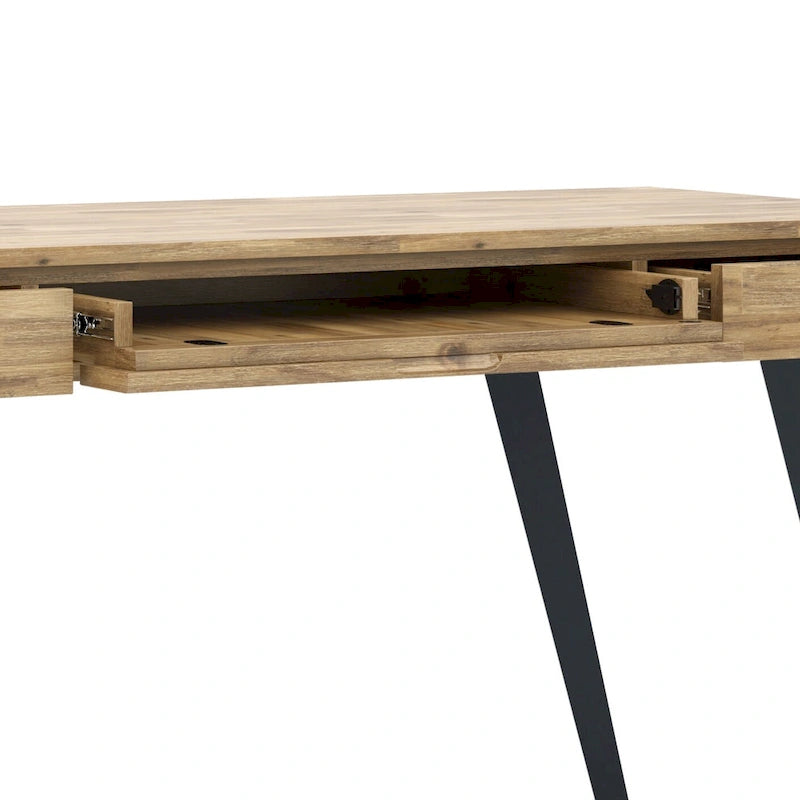 Bureau industriel en bois massif, noyer vieilli, avec 2 tiroirs et plateau coulissant pour clavier, assemblage par 1 personne