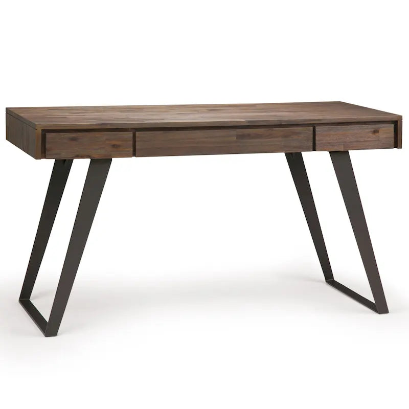Bureau industriel en bois massif, noyer vieilli, avec 2 tiroirs et plateau coulissant pour clavier, assemblage par 1 personne