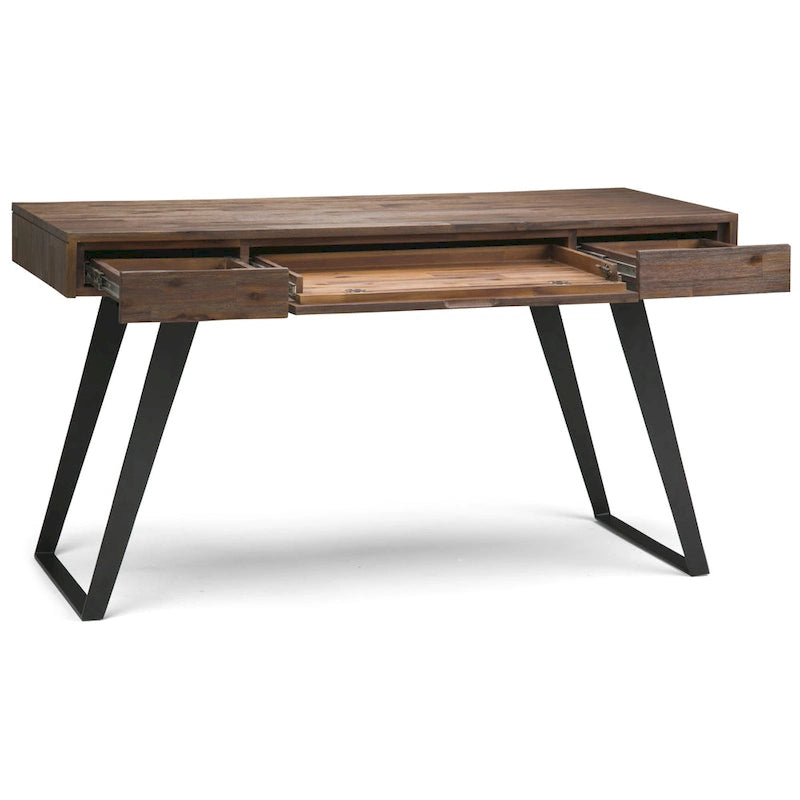 Bureau industriel en bois massif, noyer vieilli, avec 2 tiroirs et plateau coulissant pour clavier, assemblage par 1 personne