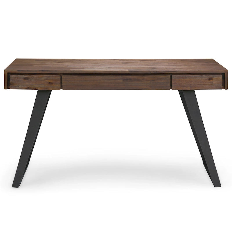 Bureau industriel en bois massif, noyer vieilli, avec 2 tiroirs et plateau coulissant pour clavier, assemblage par 1 personne