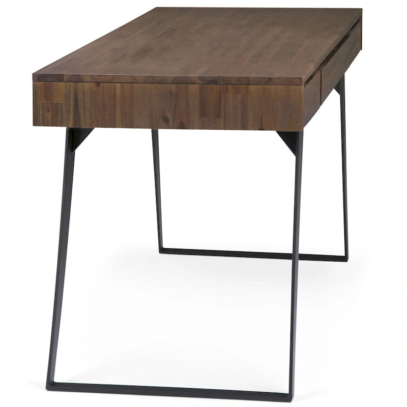 Bureau industriel en bois massif, noyer vieilli, avec 2 tiroirs et plateau coulissant pour clavier, assemblage par 1 personne