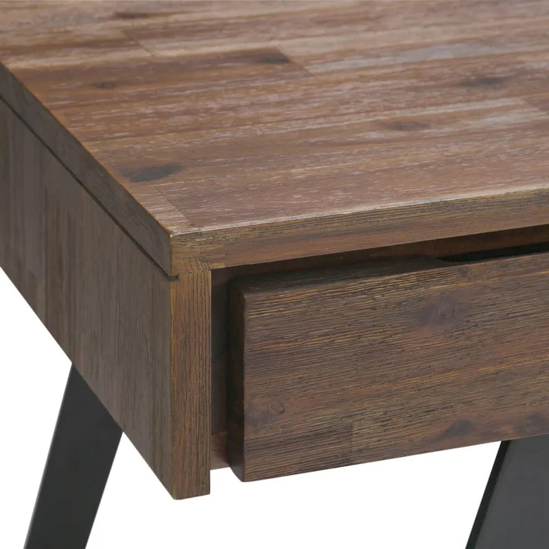 Bureau industriel en bois massif, noyer vieilli, avec 2 tiroirs et plateau coulissant pour clavier, assemblage par 1 personne