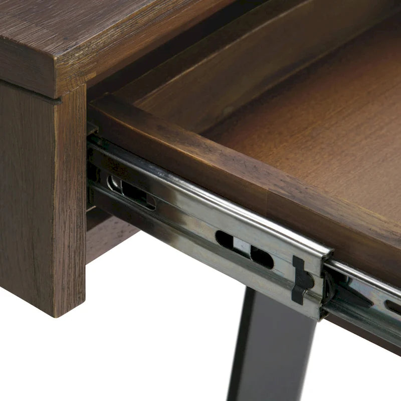 Bureau industriel en bois massif, noyer vieilli, avec 2 tiroirs et plateau coulissant pour clavier, assemblage par 1 personne