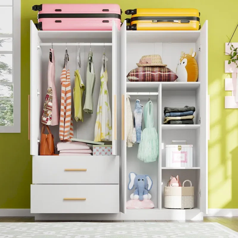 Armoire double en MDF blanc, autoportante, avec tringle et étagères, montage à 2 personnes