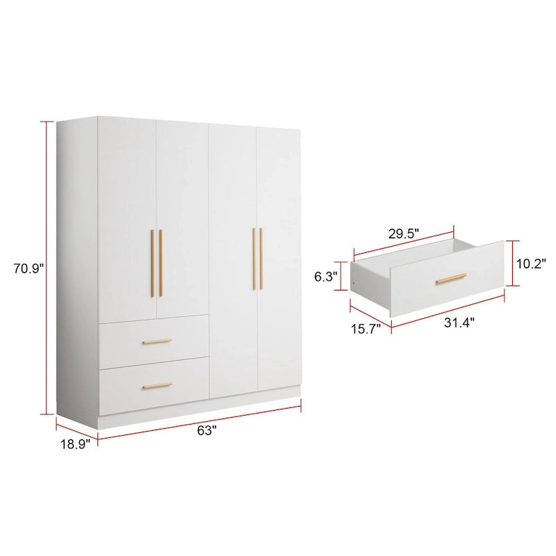 Armoire double en MDF blanc, autoportante, avec tringle et étagères, montage à 2 personnes