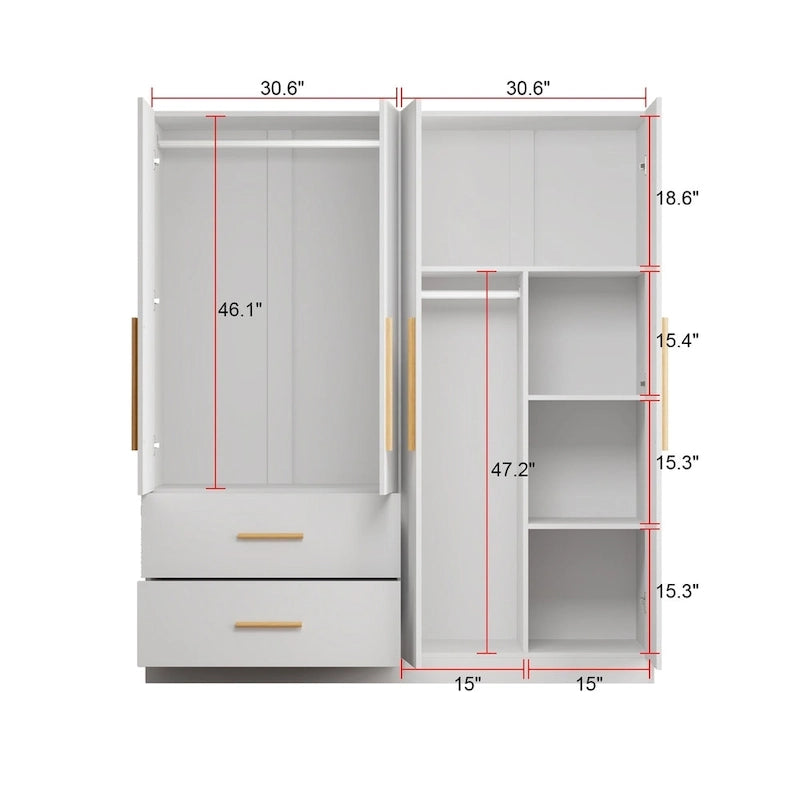 Armoire double en MDF blanc, autoportante, avec tringle et étagères, montage à 2 personnes