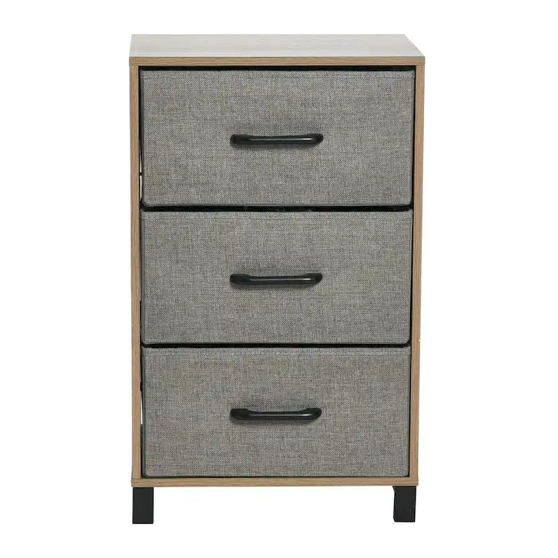 Commode de chevet à 3 tiroirs en tissu, noire/chêne côtier/grise, avec pieds en acier, assemblage par 1 personne