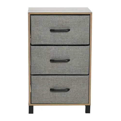 Commode de chevet à 3 tiroirs en tissu, noire/chêne côtier/grise, avec pieds en acier, assemblage par 1 personne