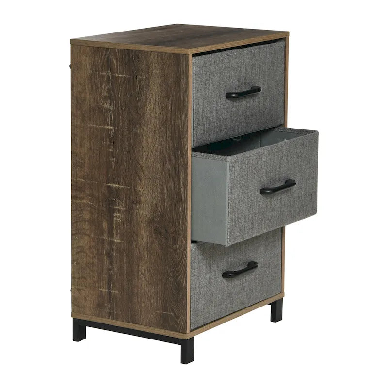 Commode de chevet à 3 tiroirs en tissu, noire/chêne côtier/grise, avec pieds en acier, assemblage par 1 personne