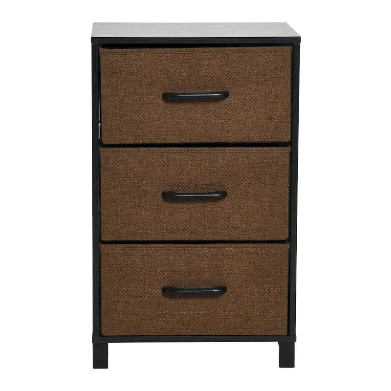 Commode de chevet à 3 tiroirs en tissu, noire/chêne côtier/grise, avec pieds en acier, assemblage par 1 personne