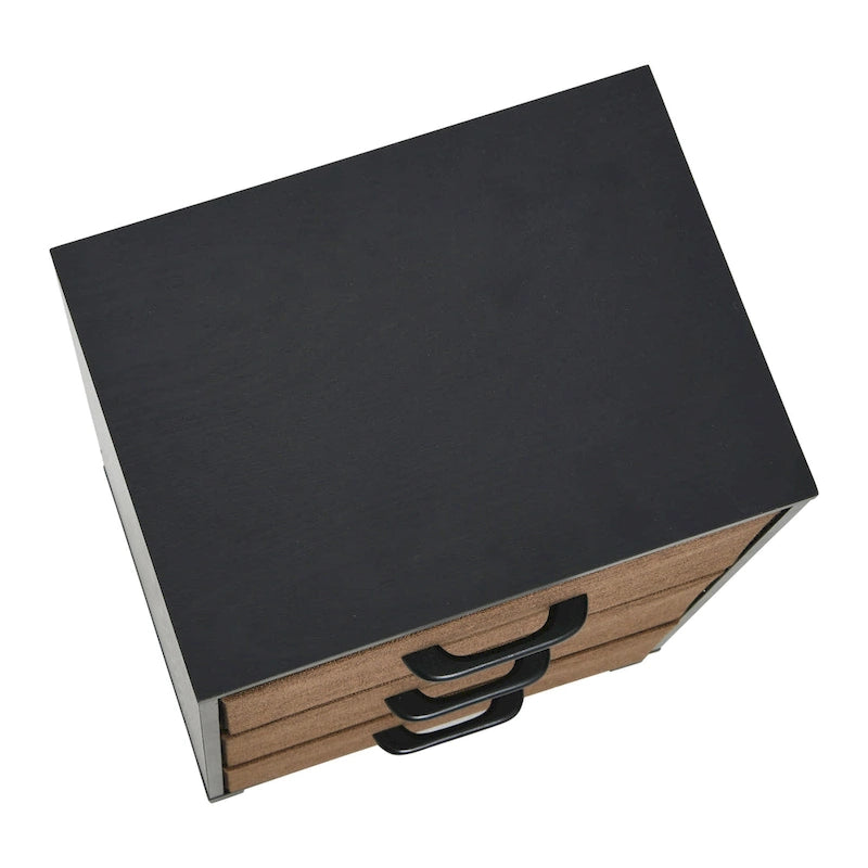 Commode de chevet à 3 tiroirs en tissu, noire/chêne côtier/grise, avec pieds en acier, assemblage par 1 personne