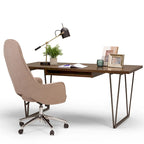 Bureau d'écriture en bois massif marron vieilli avec base en métal en V et tablette coulissante pour clavier, assemblage par 1 personne