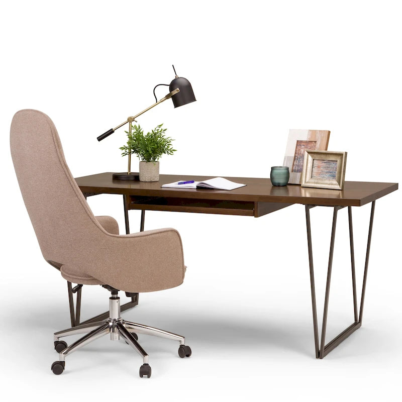 Bureau d'écriture en bois massif marron vieilli avec base en métal en V et tablette coulissante pour clavier, assemblage par 1 personne