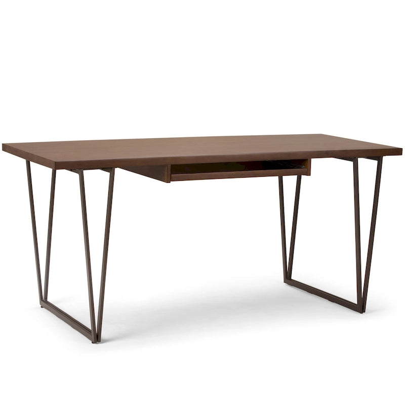 Bureau d'écriture en bois massif marron vieilli avec base en métal en V et tablette coulissante pour clavier, assemblage par 1 personne