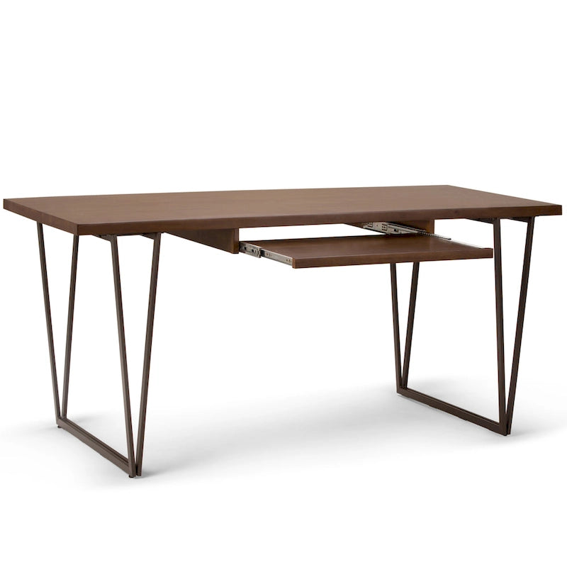 Bureau d'écriture en bois massif marron vieilli avec base en métal en V et tablette coulissante pour clavier, assemblage par 1 personne