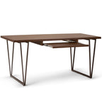 Bureau d'écriture en bois massif marron vieilli avec base en métal en V et tablette coulissante pour clavier, assemblage par 1 personne
