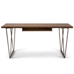Bureau d'écriture en bois massif marron vieilli avec base en métal en V et tablette coulissante pour clavier, assemblage par 1 personne