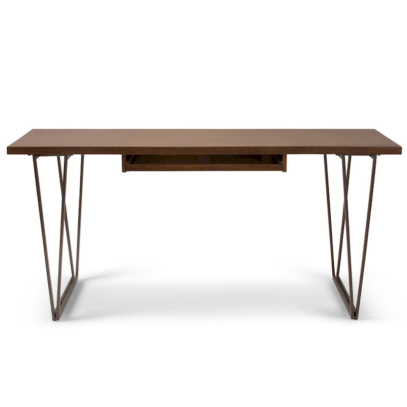 Bureau d'écriture en bois massif marron vieilli avec base en métal en V et tablette coulissante pour clavier, assemblage par 1 personne