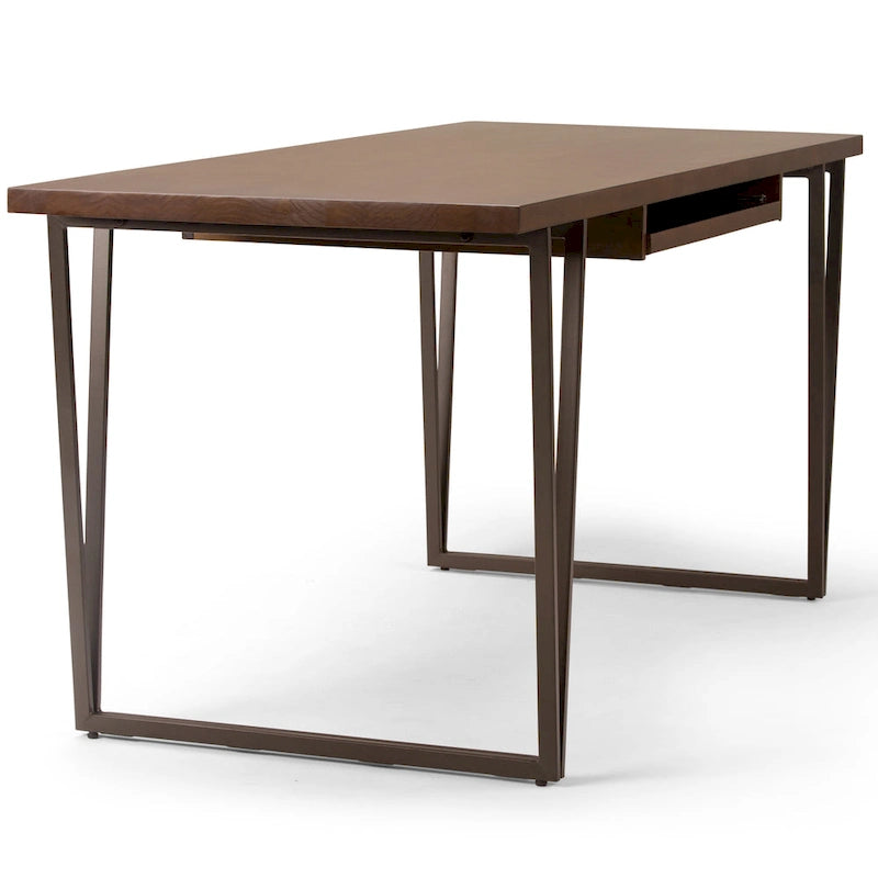Bureau d'écriture en bois massif marron vieilli avec base en métal en V et tablette coulissante pour clavier, assemblage par 1 personne
