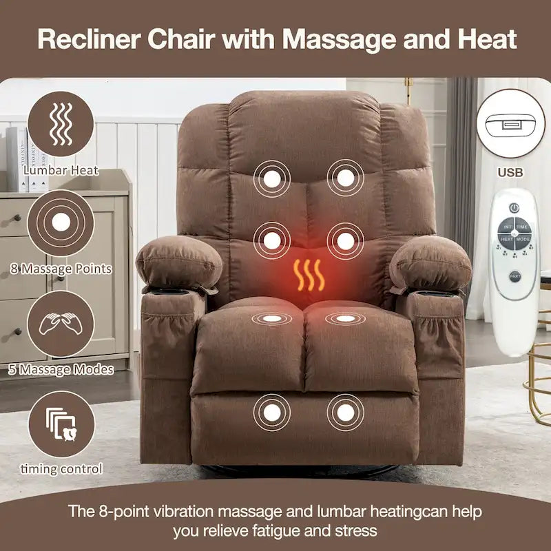 Fauteuil inclinable massant et à bascule en tissu avec fonction chauffante, port USB et porte-gobelets, 1 place