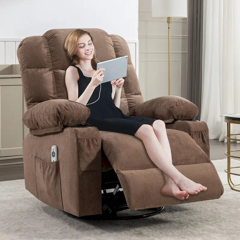 Fauteuil inclinable massant et à bascule en tissu avec fonction chauffante, port USB et porte-gobelets, 1 place