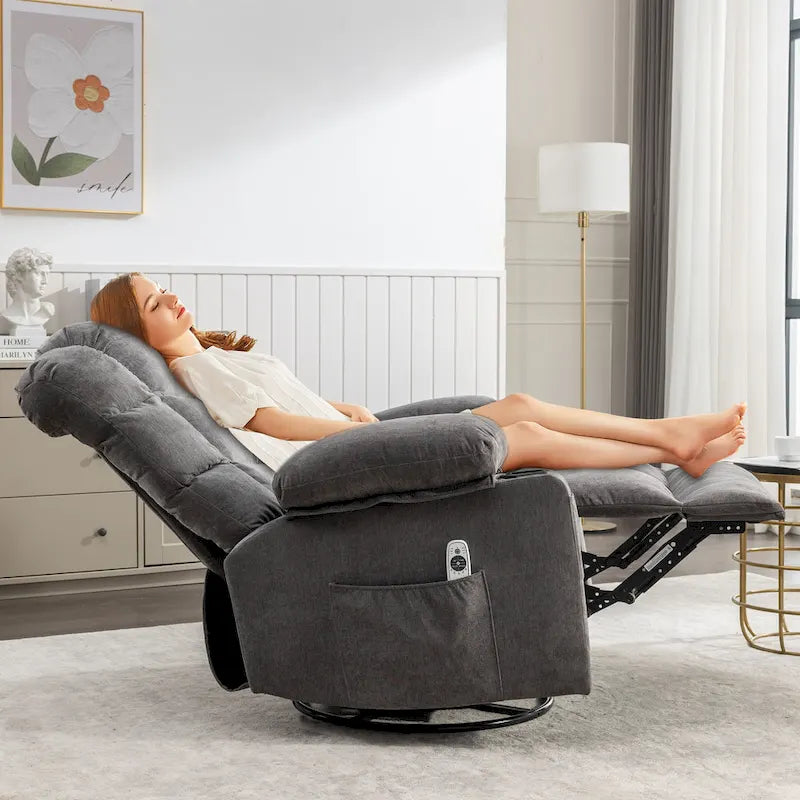 Fauteuil inclinable massant et à bascule en tissu avec fonction chauffante, port USB et porte-gobelets, 1 place