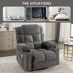 Fauteuil inclinable massant et à bascule en tissu avec fonction chauffante, port USB et porte-gobelets, 1 place