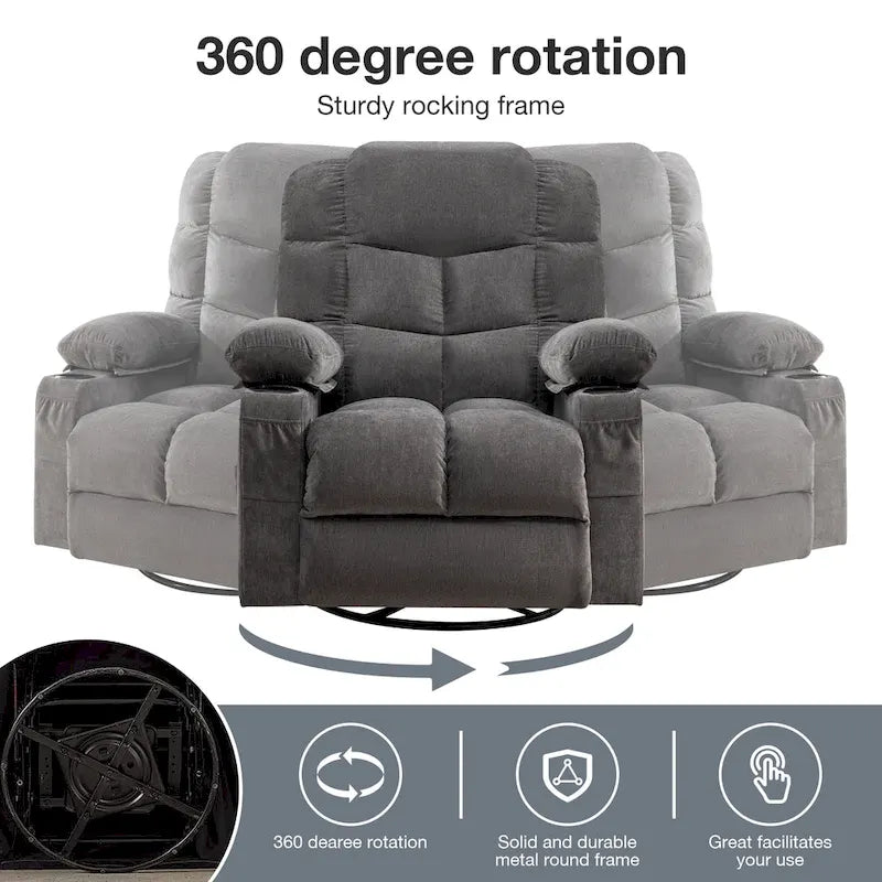 Fauteuil inclinable massant et à bascule en tissu avec fonction chauffante, port USB et porte-gobelets, 1 place