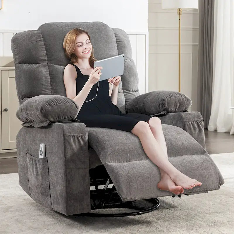 Fauteuil inclinable massant et à bascule en tissu avec fonction chauffante, port USB et porte-gobelets, 1 place