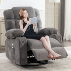 Fauteuil inclinable massant et à bascule en tissu avec fonction chauffante, port USB et porte-gobelets, 1 place